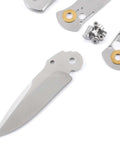 Disassembled parts of DDR3BL DIY Folding Knife Kit With Button Lock 440C Stainless Steel Blade 600 Grit Satin Finish