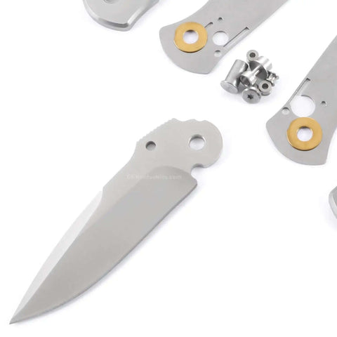 Disassembled parts of DDR3BL DIY Folding Knife Kit With Button Lock 440C Stainless Steel Blade 600 Grit Satin Finish