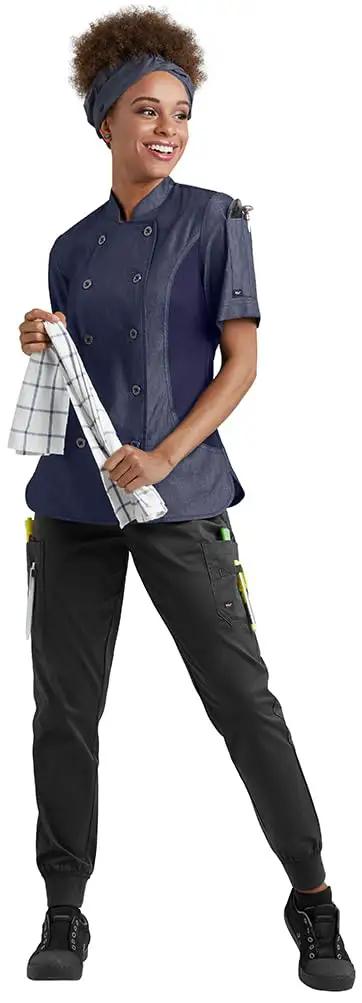 Slip Into These Black Chef Jogger Pants Five Pocket Stretch Kitchen Uniform Drawstring Elastic Waist Cotton Blend Restaurant Cook Workwear Built For The Kitchen Hustle on model with navy chef coat.