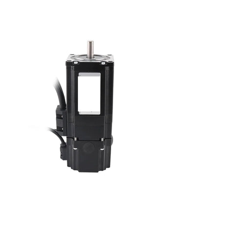 FLKPIEGRH servo motor front view; black housing with top shaft and side cables