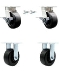Top Shelf Heavy Duty Kingpinless Swivel Casters With Ridiculously Smooth Rolling Five Inch Polyolefin Wheels And An Insane Two Thousand Six Hundred Pound Weight Capacity Built Tough For Garage Cart Projects In Black Set Of Four displayed with two casters on top and two on bottom.