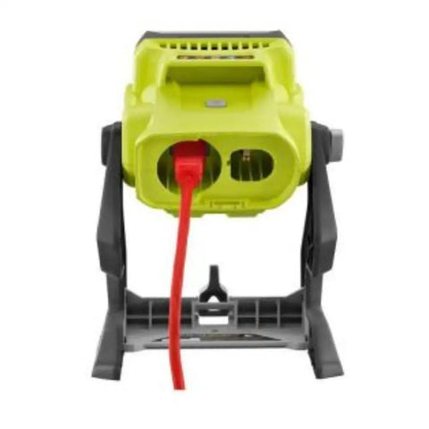 Back view of 18V Dual Power LED Work Light With 20 Watt LED And Over 1800 Lumens 360 Degree Rotating Head Tripod Mount Compatible Battery Not Included Tool Only Great For Job Sites And Home Projects showing power input.