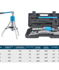 Heavy Hitting 20 Ton Hydraulic Gear Puller with Relentless Alloy Claws in a tool case showing features and specifications.
