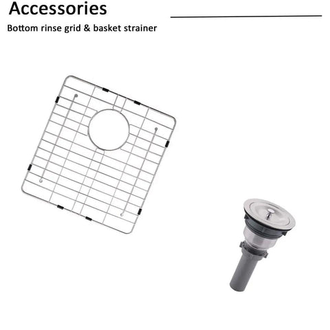 18x18 Inch Drop In Bar Sink For Small Kitchens And RVs, grid and basket strainer accessories, stainless steel finish.