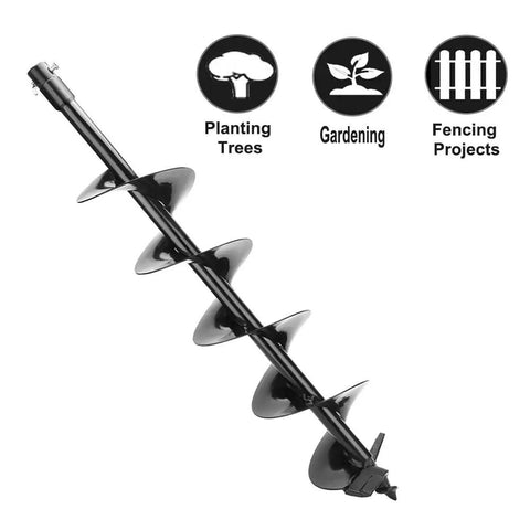 Seven Eighths Inch Shaft 31 Inch Length Auger Drill Bit for Gas Power Heads Beefed Up Heavy Duty Ground And Ice Digger With Tungsten Carbide Cutting Tip Six Inch Bore Black Finish shown with uses.