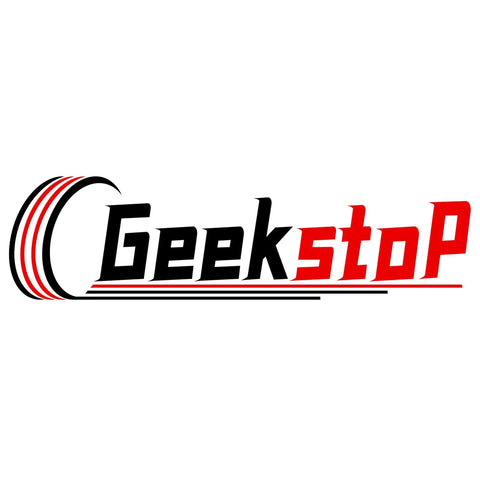 Geekstop logo with stylized tire design and red and black text