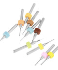 Close-up of 110 Pcs 0.1 To 1.0 Mm Tungsten Carbide Drill Bit Set with colorful holders for PCB circuits and metalworking.