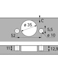 Diagram showing dimensions for Concealed Cabinet Hinge With No Slam Soft Close Action And 110 Degree Opening Hettich Sensys 8645i TH 52