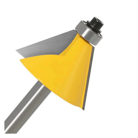 Chamfer router bit with yellow coating and steel body, designed for 15 degree beveling on wood edges.