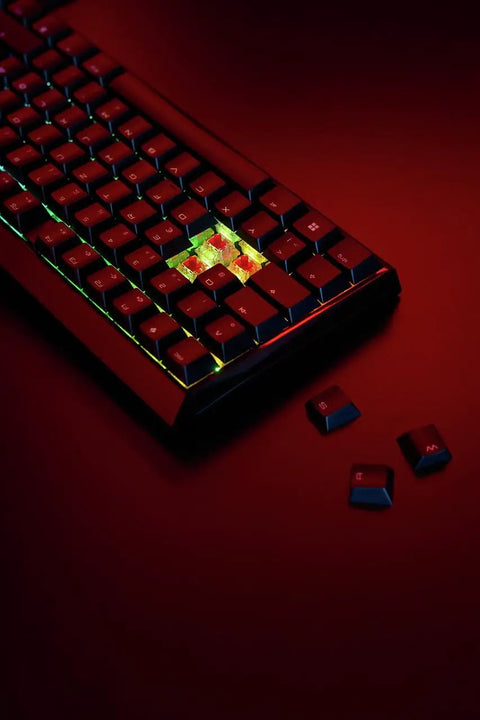 Dope Mechanical Wireless Gaming Keyboard With Fresh MX2A Blue Switches, close-up showing illuminated keys on a sleek black chassis.