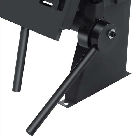 Close-up of the mechanism on a 24 Inch Metal Pan And Box Brake Bender Built To Last With 0 To 135 Degree Adjustable Angle Deep Grey Heavy Duty Brake