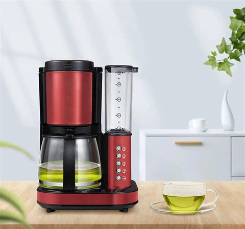 Automatic Bean Grinding Espresso Machine With Glass Carafe, Compact Red Coffee Maker for Home or Office Use, 800W Power on table