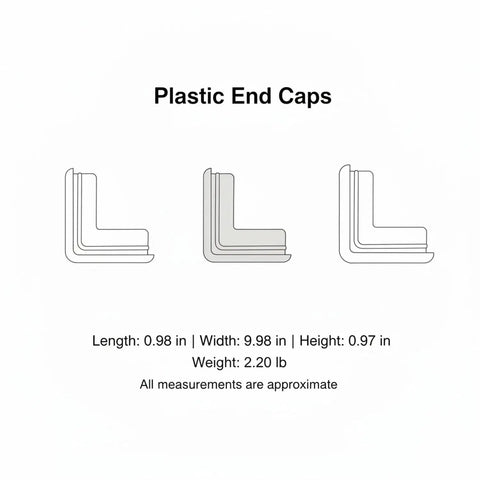 Diagram showing three L-shaped White Plastic End Caps For L Shaped Angle Iron Floor Protectors For Metal Shelving And Workbenches.