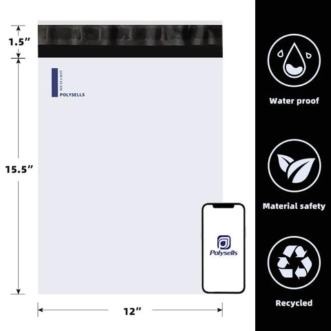 White Poly Mailers 12x15.5 Inches, 500 Pack, Self Sealing Shipping Envelopes, Waterproof And Tear Resistant Bags product image with dimensions