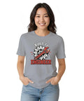 Super Cool Mechanical Engineer Tee With Vintage Wrench Graphic worn by a woman, unisex 100% cotton, casual workshop apparel.