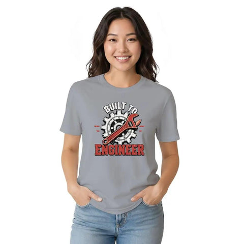 Super Cool Mechanical Engineer Tee With Vintage Wrench Graphic worn by a woman, unisex 100% cotton, casual workshop apparel.