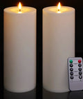 Outdoor Flameless LED Pillar Candles Set Of 2 11 By 4 Inches Waterproof Battery Operated With Remote And 10 Key Timer Flickering Warm White Light For Decoration shown with remote control.