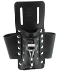 Close-up of Leather Tool Pouch With Four Pockets And Knife Holder, Riveted Belt Mount Multi Tool Carrier For Electricians