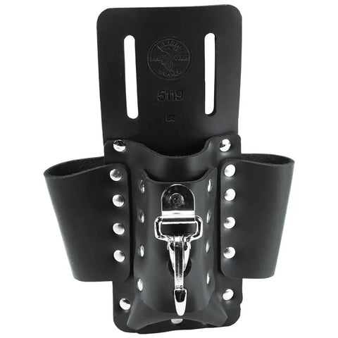 Close-up of Leather Tool Pouch With Four Pockets And Knife Holder, Riveted Belt Mount Multi Tool Carrier For Electricians