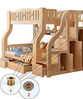 Bunk bed with arrows pointing to One Quarter Inch Twenty Threaded Wood Inserts Kit For Furniture Repair 80 Piece Bundle Includes Drill Bit And Hex Wrench PGMJ Durable Steel Nut Inserts For Wood To Create Strong Bolt Fasteners.