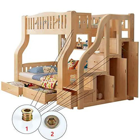Bunk bed with arrows pointing to One Quarter Inch Twenty Threaded Wood Inserts Kit For Furniture Repair 80 Piece Bundle Includes Drill Bit And Hex Wrench PGMJ Durable Steel Nut Inserts For Wood To Create Strong Bolt Fasteners.