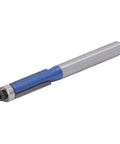 Heavy Duty Flush Trim Router Bit With Carbide Cutter And Top Bearing Guide For Smooth Woodworking Trimming And Chamfering Tasks Using 1/4 Inch Shank Tool, detailed view of bit showing blue and silver finish.