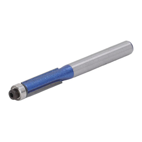 Heavy Duty Flush Trim Router Bit With Carbide Cutter And Top Bearing Guide For Smooth Woodworking Trimming And Chamfering Tasks Using 1/4 Inch Shank Tool, detailed view of bit showing blue and silver finish.
