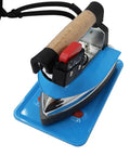 Heavy Duty 1600W Steam Ironing Station With 4L Tank And 900W Iron Head close-up of blue iron with cork handle.