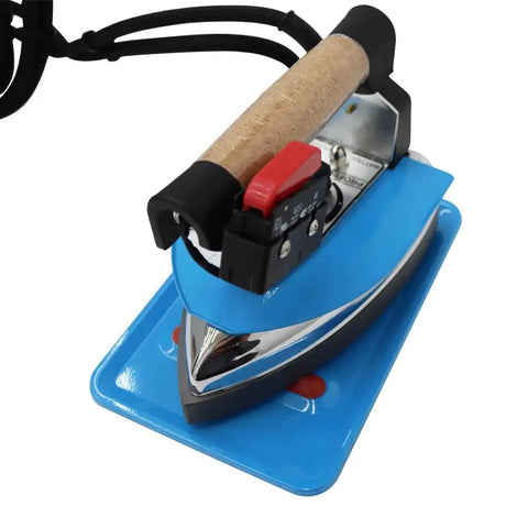 Heavy Duty 1600W Steam Ironing Station With 4L Tank And 900W Iron Head close-up of blue iron with cork handle.