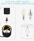 Diagram showing Clip On Lamp Shade and candelabra bulb compatibility for Six Pack Clip On Chandelier Lamp Shades Small Drum 5.2 Inch Off White Fabric.