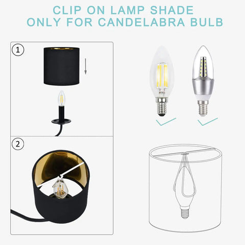 Diagram showing Clip On Lamp Shade and candelabra bulb compatibility for Six Pack Clip On Chandelier Lamp Shades Small Drum 5.2 Inch Off White Fabric.