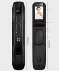 Smart Video Door Lock With Digital Fingerprint Scanner And Remote Access Featuring Wide Angle Camera Auto Lock And Antispoof Tech For No Fuss Entry and display dimensions.