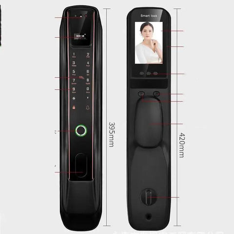 Smart Video Door Lock With Digital Fingerprint Scanner And Remote Access Featuring Wide Angle Camera Auto Lock And Antispoof Tech For No Fuss Entry and display dimensions.