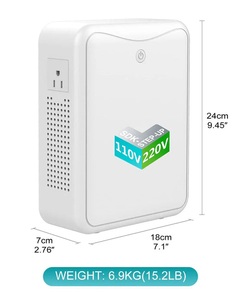 Heavy Duty 3000W Step Down Transformer 220V to 110V Converter with dimensions and weight details shown.