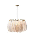 Feather Lamp Pendant Light Chandelier for Dining Room Living Bedroom Nordic Drop Lighting with white feathers and gold accents.