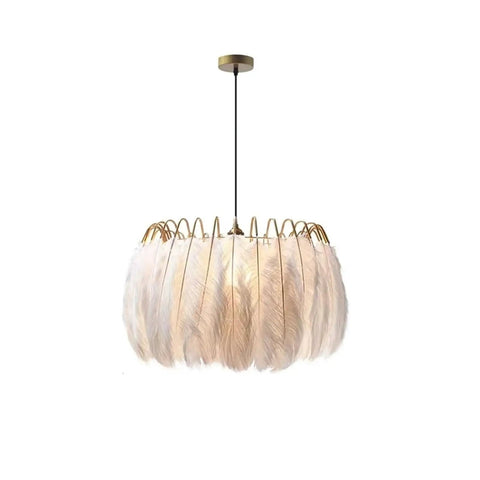 Feather Lamp Pendant Light Chandelier for Dining Room Living Bedroom Nordic Drop Lighting with white feathers and gold accents.