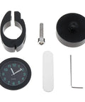 Premium Billet Aluminum Motorcycle Clock With Easy Handlebar Mount parts including clock, clamp, and screws for secure installation.