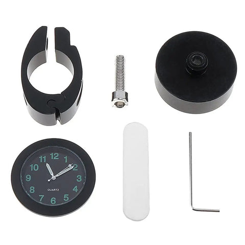 Premium Billet Aluminum Motorcycle Clock With Easy Handlebar Mount parts including clock, clamp, and screws for secure installation.
