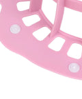 Close-up of pink Silicone Hat Washing Cage For Machine Wash, Reusable Cap Washer Bag That Prevents Deformation with snap strap feature.