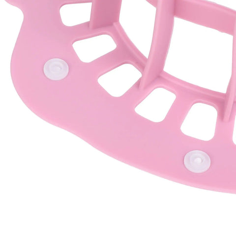 Close-up of pink Silicone Hat Washing Cage For Machine Wash, Reusable Cap Washer Bag That Prevents Deformation with snap strap feature.