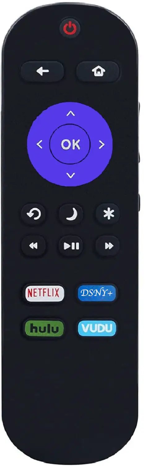 Front view of All In One Roku TV Remote For ONN Models, universal replacement remote showing buttons and streaming app shortcuts.