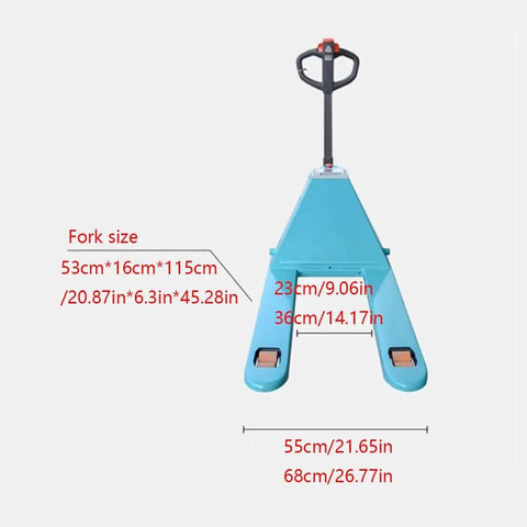 Heavy Duty Electric Pallet Jack With 3300 Lb Capacity That Slides Into Tight Spikes, showcasing dimensions and fork size details.