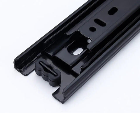 Close-up of Heavy Duty Soft Close Drawer Slides With Full Extension Three Fold Side Hanging Ball Bearing Rails 550mm 22 Inch Black