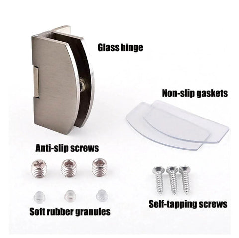 90 Degree Glass Door Hinge With Adjustable Clamp For 5 to 8mm Glass, Zinc Alloy Durable Pet Door Hinge, installation components shown