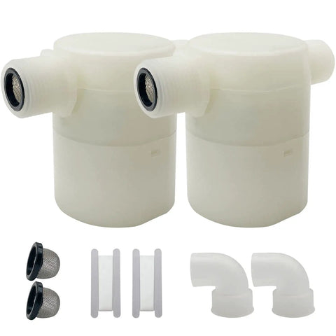 Two Pack Three Quarter Inch Side Inlet Float Valve For Water Tanks, easy install kit with components for automatic refill stop