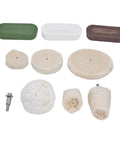 Hardcore 10 Piece Cotton Flannel Buffing Wheel Kit Includes Heavy Duty Wax Rod showing various buffing pads and wax sticks.