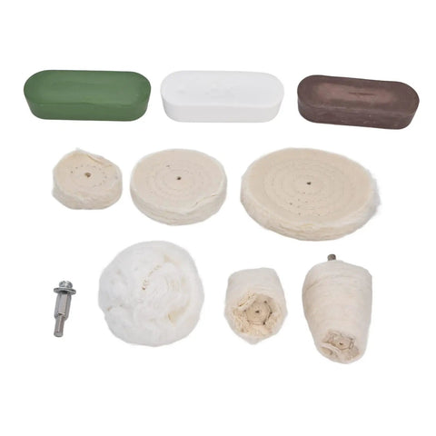 Hardcore 10 Piece Cotton Flannel Buffing Wheel Kit Includes Heavy Duty Wax Rod showing various buffing pads and wax sticks.
