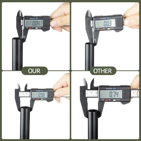 Comparison of Beefy Heavy Duty Tent Poles for Tarp 90 Inch Set Thick 25mm Diameter 0.98 Inch Poles with caliper measurements.