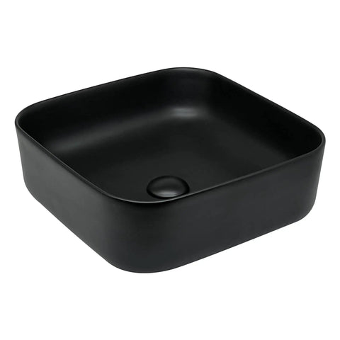 Square Vessel Bathroom Sink 15 By 15 Inches Black Ceramic Vanity Basin With Pop Up Drain Above Counter Modern Vessel Sink For A Sleek Contemporary Bathroom Upgrade, angled view