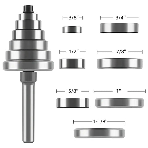 Rabbet Router Bit Kit With One Quarter Inch Shank And Seven Bearings For Multiple Depths From One Eighth To One Half Inch